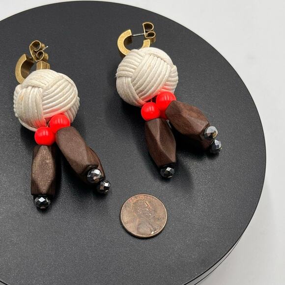 J. Crew Huggie Hoops with Yarn Knotted Ball Wood Beads Dangle  earrings - Picture 7 of 8
